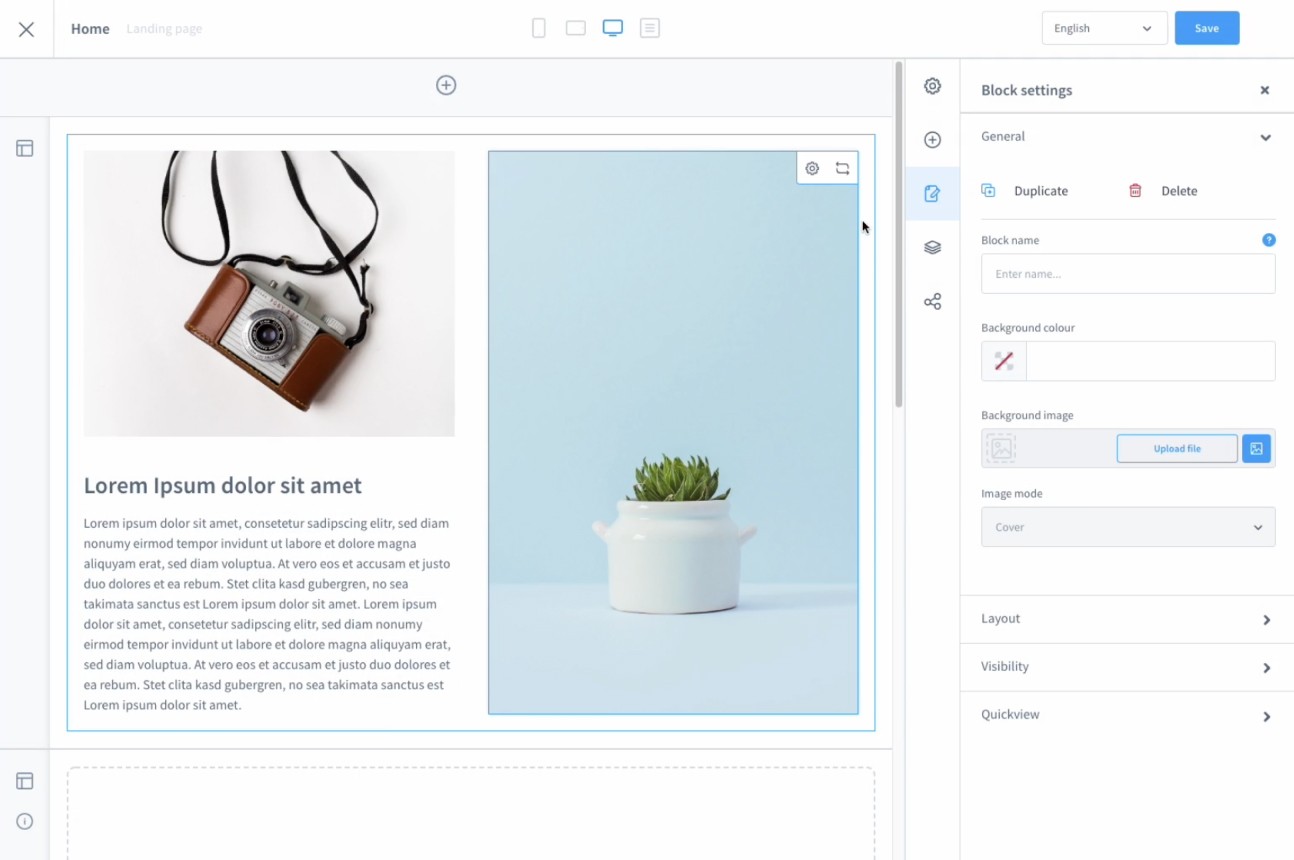Die Shopware-Benutzeroberfläche zeigt zwei nebeneinander liegende Bilder und einen Platzhalter-Textblock an. Auf der rechten Seite des Bildschirms befindet sich das Panel "Blockeinstellungen".

