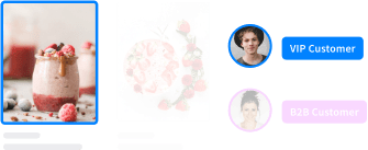 Ein Produktauswahlinterface mit zwei Bildern von Lebensmitteln auf der linken Seite, eines davon mit einem hervorgehobenen Rand, und auf der rechten Seite Profilbilder mit den Bezeichnungen "VIP-Kunde" und "B2B-Kunde".
