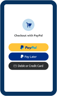 Ein Checkout Interface mit Bezahlmöglichkeiten, einschließlich PayPal, Später bezahlen und Debit- oder Kreditkarte, mit einem Einkaufswagen-Icon am oberen Rand.
