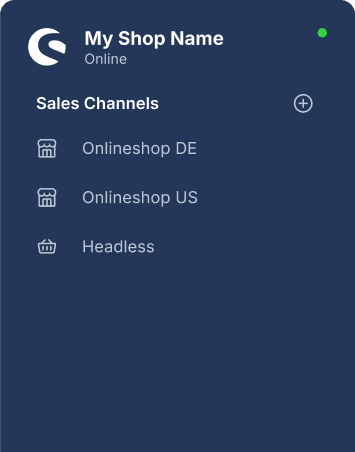 Eine Navigationsleiste mit dem shopware Logo im oberen Bereich. Darunter befinden sich Optionen für verschiedene Vertriebskanäle, darunter "Onlineshop DE", "Onlineshop US" und "Headless".
